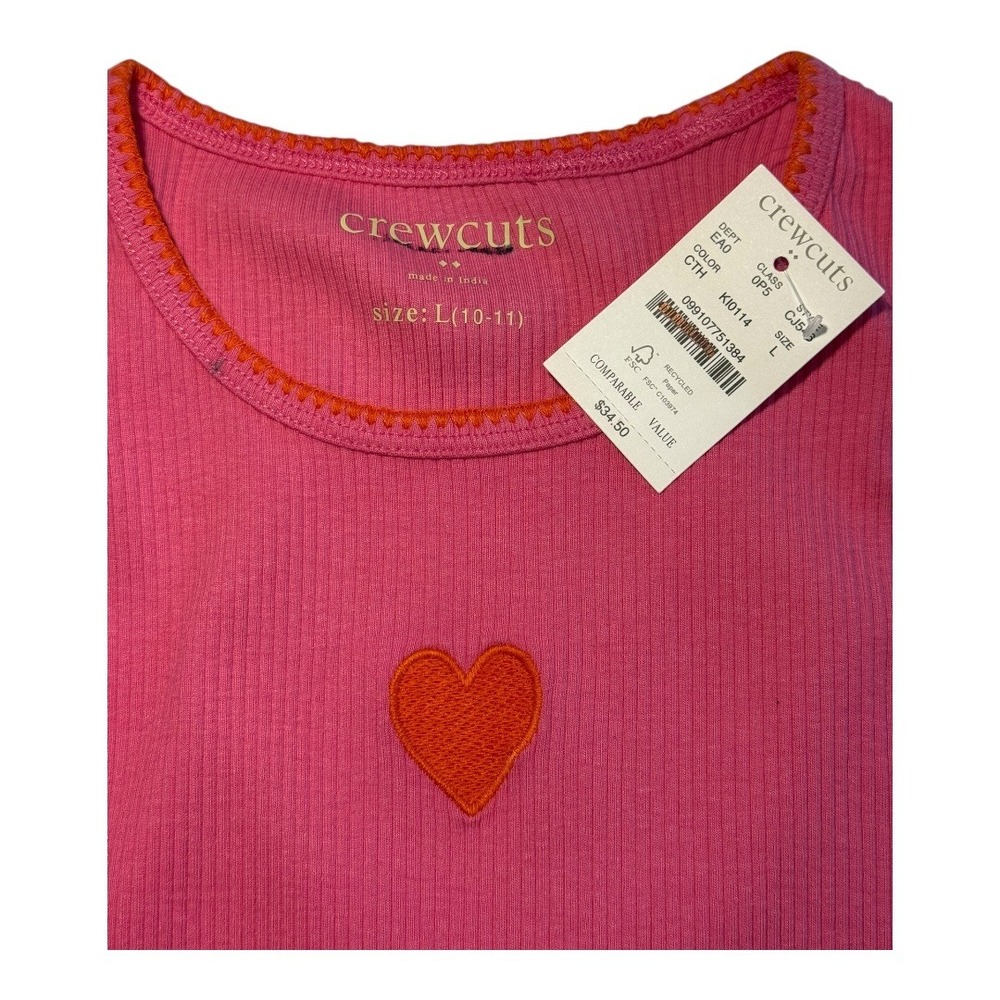 Crewcuts Pink Ribbed Tank Top Little Girls Size Large 10-11 Orange Heart Trim - Picture 3 of 4